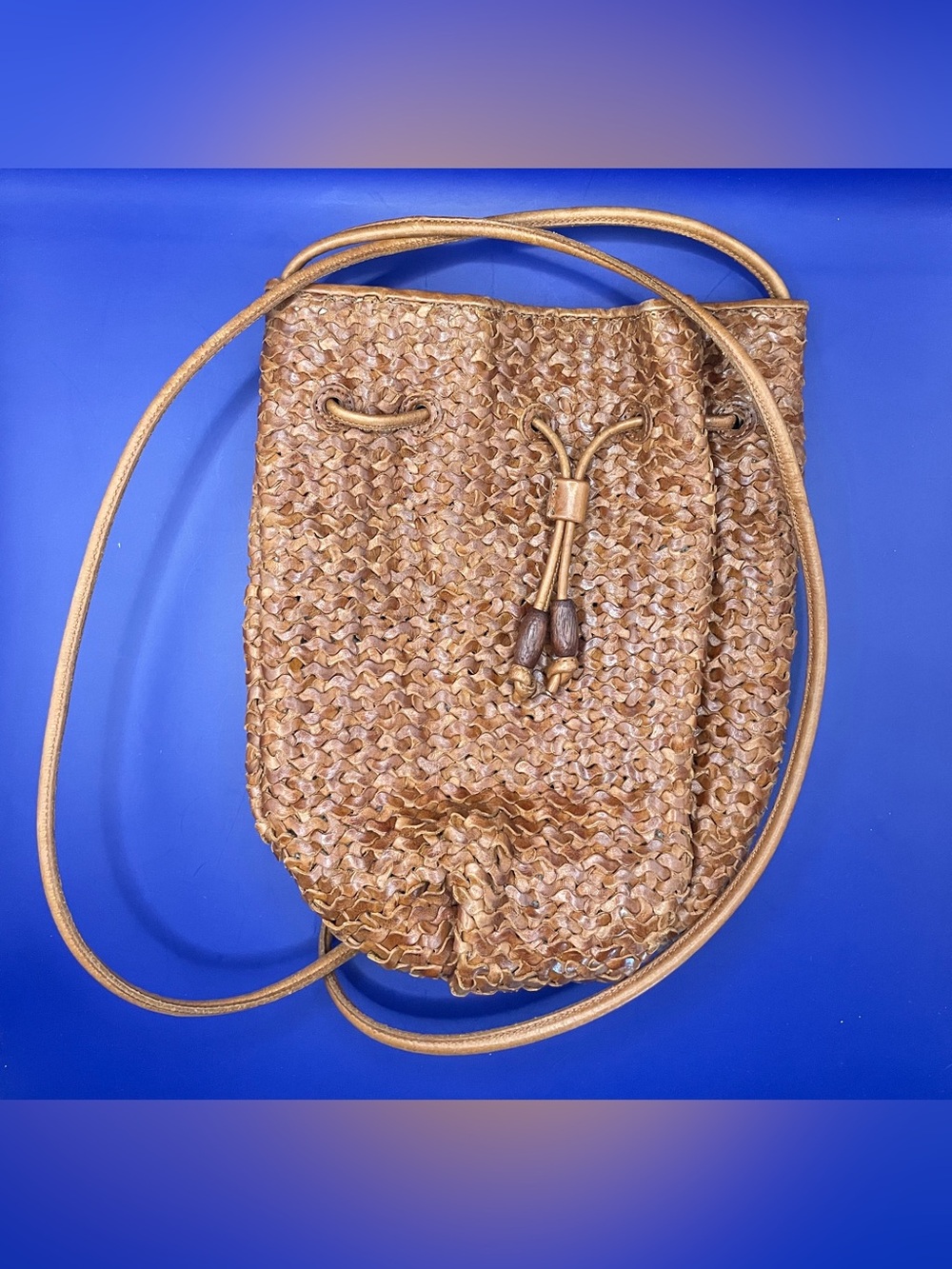 Vintage CEM Brown Woven Leather Drawstring Bucket Crossbody Bag Boho